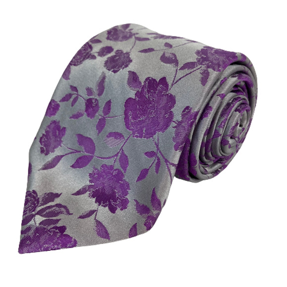 Paul Fredrick Tie Mens Purple Gray Floral 100% Silk Pointed Classic Tie - Picture 1 of 7